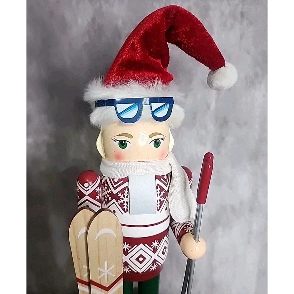 Skier Lady Girl Nutcracker Mrs Claus Ski Poles Skis Christmas Wood Decor 15